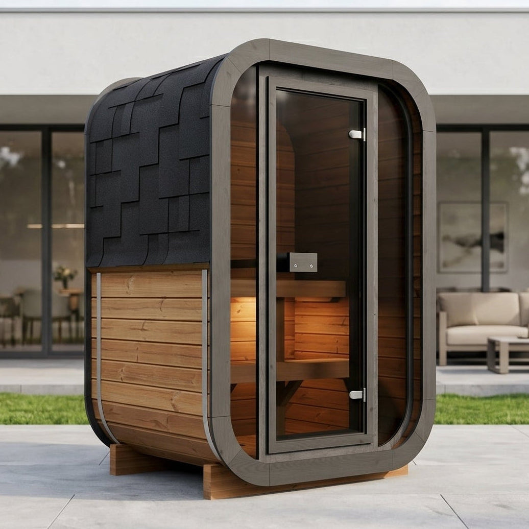2-osobowa zewnętrzna premium sauna z drewna termicznego w zestawie - edycja SKOG | Dom i ogród | Zawiera piec Harvia, oświetlenie LED i ochronę SupiOil