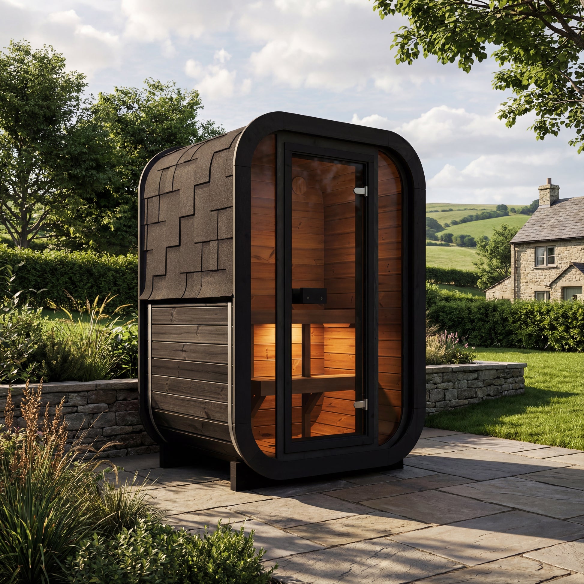 SaunaSupply 2 Person Outdoor Thermowood Cube Sauna - SKOG Compact Black Edition | Includes Heater & Accessories